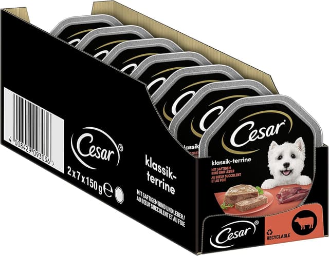 Detalle de Cesar pâtée pour chiens au bœuf et au foie – Lot de 7 paquets (2 boîtes de 150 g)