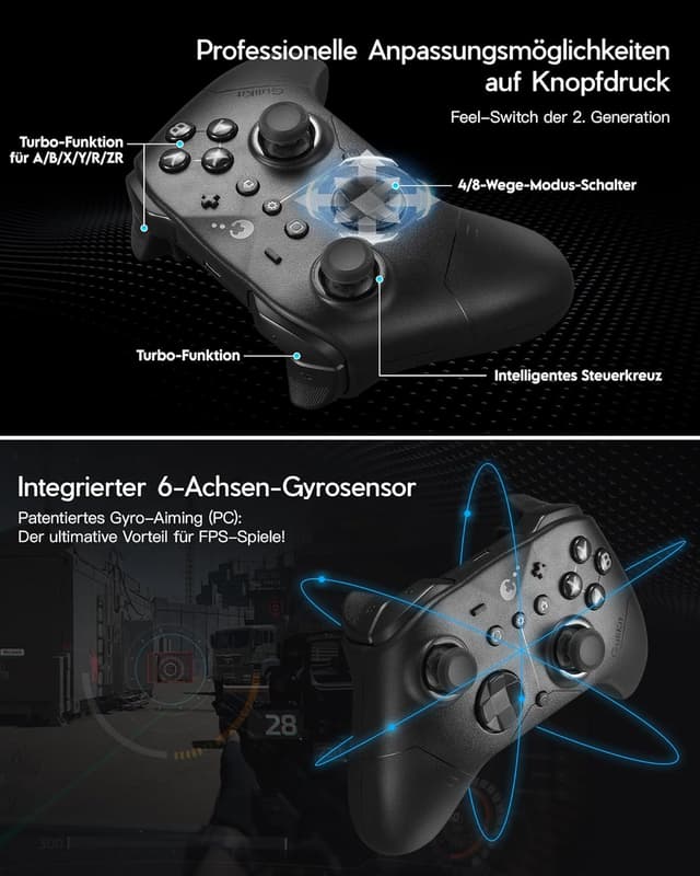 Detalle 2 de GuliKit ES PRO Wireless Controller – niedrige Latenz, TMR-Sticks und bis zu 30 Stunden Akku für PC, Windows, Android, iOS & Switch
