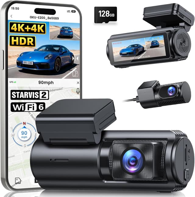 Detalle de GKU 4K+4K Front and Rear Dash Cam with STARVIS 2 IMX675, 5.8GHz WiFi 6, GPS & 24/7 Parking Mode (3" IPS, 128GB included)