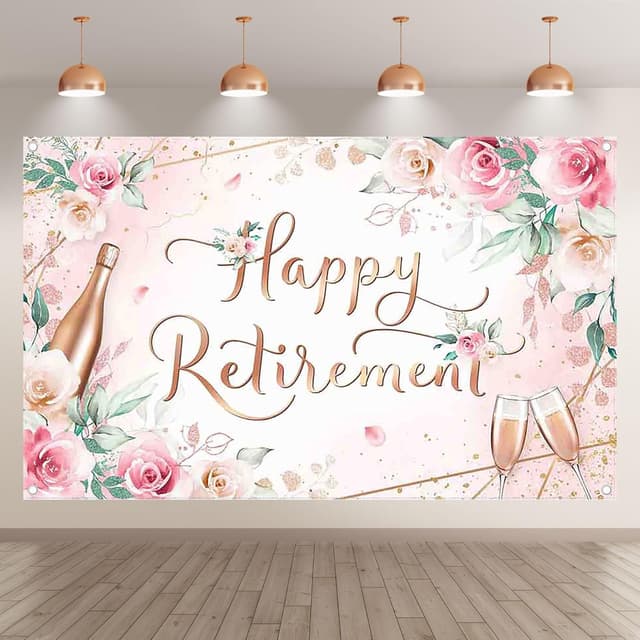 Detalle 2 de Luminora 72x43 inch Pink Happy Retirement Backdrop (Flowers & Leaves) – photo banner props