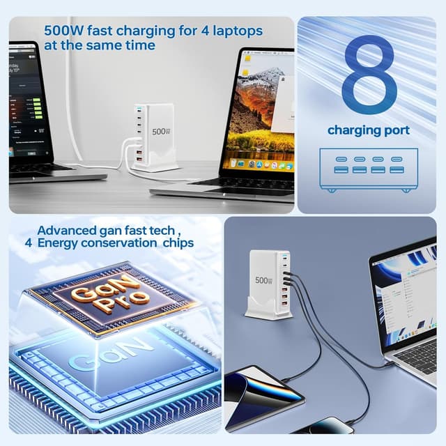 Detalle de USB C Charger 500W 8-Port GaN3 Charging Station (Dual 100W PD PPS) for Laptop, iPhone & iPad