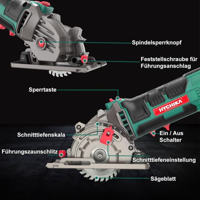 Detalle 1 de HYCHIKA Mini Kreissäge 500 W mit 3 Sägeblättern, 4.500 RPM, 0–25 mm Schnitttiefe