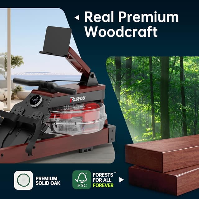 Detalle 2 de PASYOU PW60 Rudergerät für Zuhause aus Eiche – faltbar mit Bluetooth-Display, 14‑Liter-Wassertank & Kinomap-Test