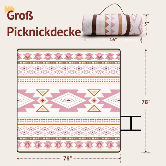 Detalle de LARUTAN Outdoor Picknickdecke „Cape Town“ 200x200 cm – strandfrei, tragbar & waschbar