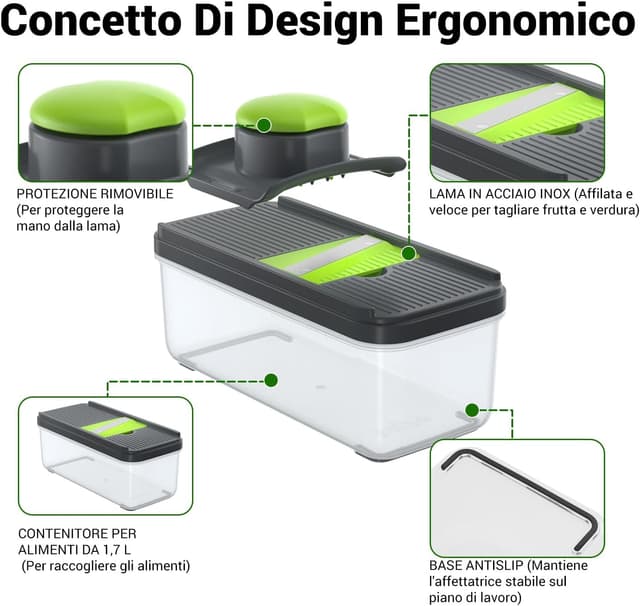 Detalle 2 de Vihoom Mandolina per verdure manuale con 5 lame intercambiabili e contenitore da 1,7 L