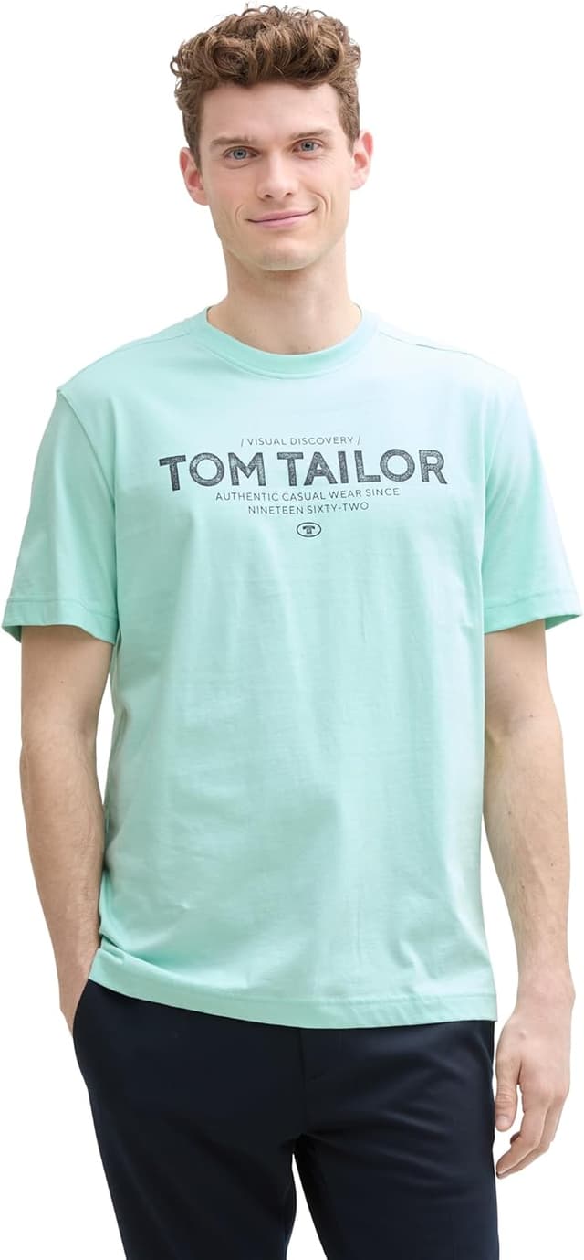 Detalle de TOM TAILOR T-Shirt Uomo in jersey di cotone tinta unita con logo stampato