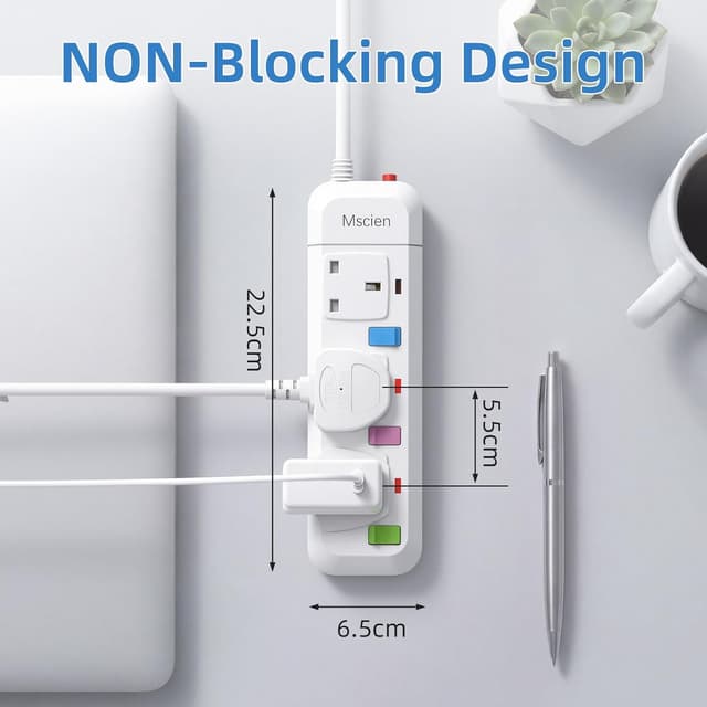 Detalle 2 de Mscien 1 Metre Extension Lead 3-Way with Individual Switches & Fused Protection (2500W)