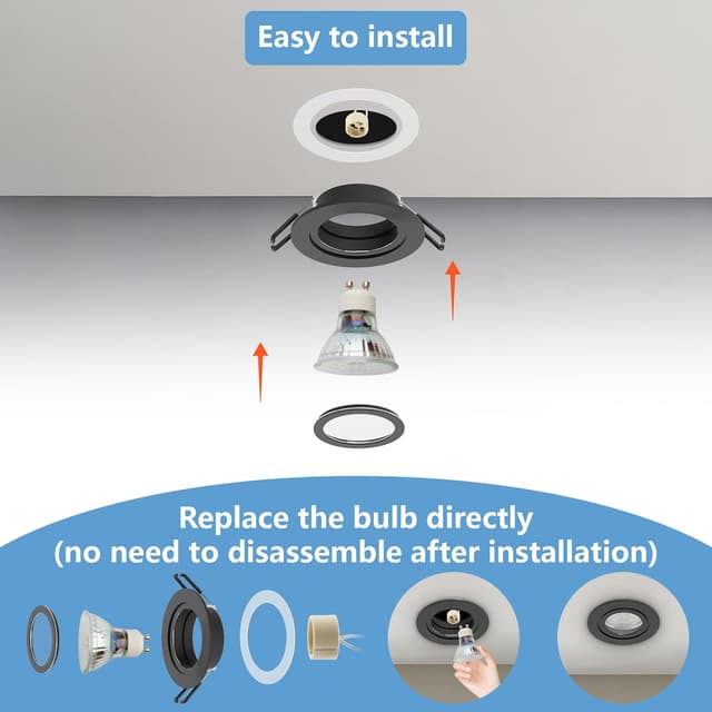 Detalle de Doughelec 10er Einbaustrahler GU10 Rahmen IP44 (Aluminium, schwarz) inkl. GU10 Fassung – rund, flach