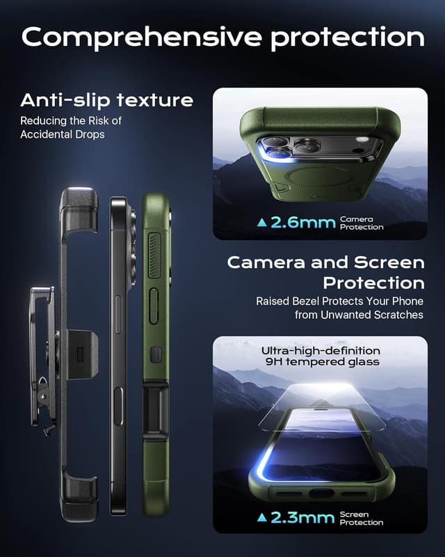 Detalle 1 de ByteRock Rugged Case for iPhone 17 Pro Max (6.9") with Belt Clip Holster, MagSafe, Shockproof Protection & 360° Kickstand (Green)