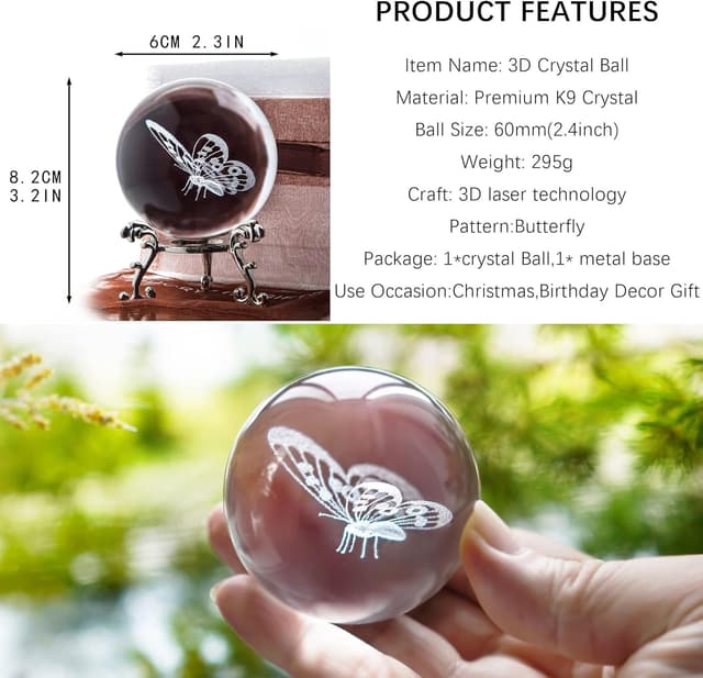 Detalle de HDCRYSTALGIFTS 60mm 3D Butterfly Crystal Ball figurine with stand