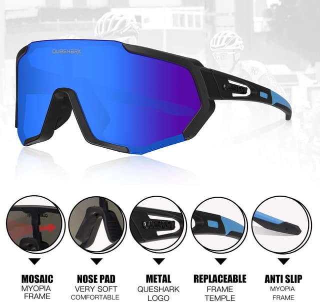 Detalle de Queshark Occhiali da ciclismo polarizzati con 5 lenti intercambiabili TR90