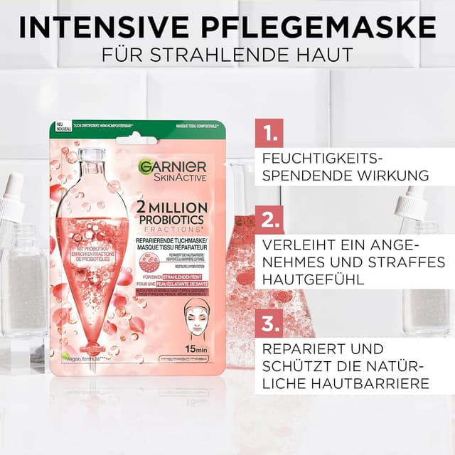 Detalle de Garnier SkinActive Reparierende Tuchmaske 2 Million Probiotics (5-er Pack) – für mehr Glow und Feuchtigkeit
