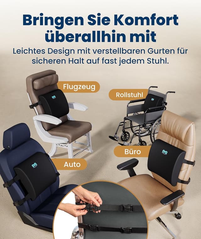 Detalle de Everlasting Comfort Lendenwirbelstütze mit Memory-Foam-Kissen – Schwarz für Büro, Stuhl & Auto
