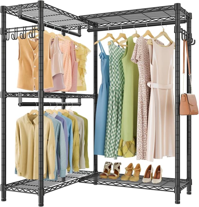 Detalle de VIPEK L4 L-Shaped Garment Rack for Corner Storage with 3 Hanging Rods, 2 Side Hooks (Freestanding)