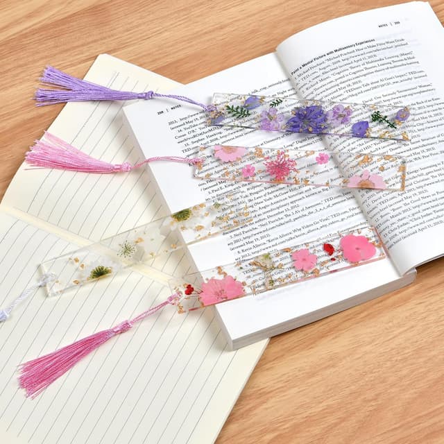 Detalle de OFFCUP Gepresste Blumen Lesezeichen aus Harz (4 Stück) mit Quaste – Lesezeichen personalisiert
