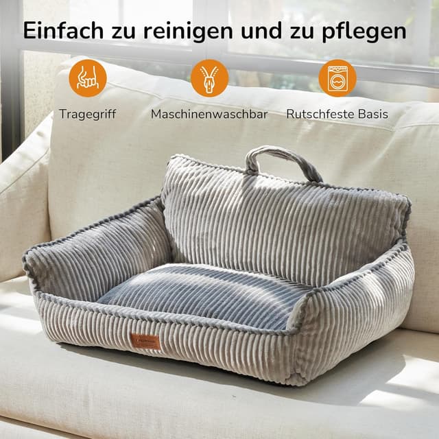Detalle de FUKUMARU Katzenbett aus geripptem Samt (71 cm) mit waschbarem, wasserfestem Bezug – grau