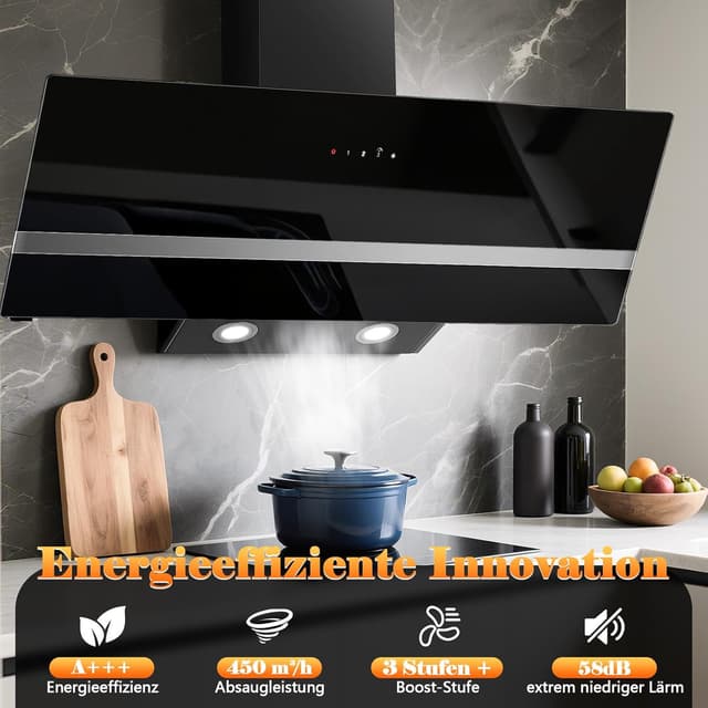 Detalle 2 de SNDOAS A+++ 90 cm Dunstabzugshaube (Abluft/Umluft) 450 m³/h, 3 Stufen + Boost, Schräghaube schwarz