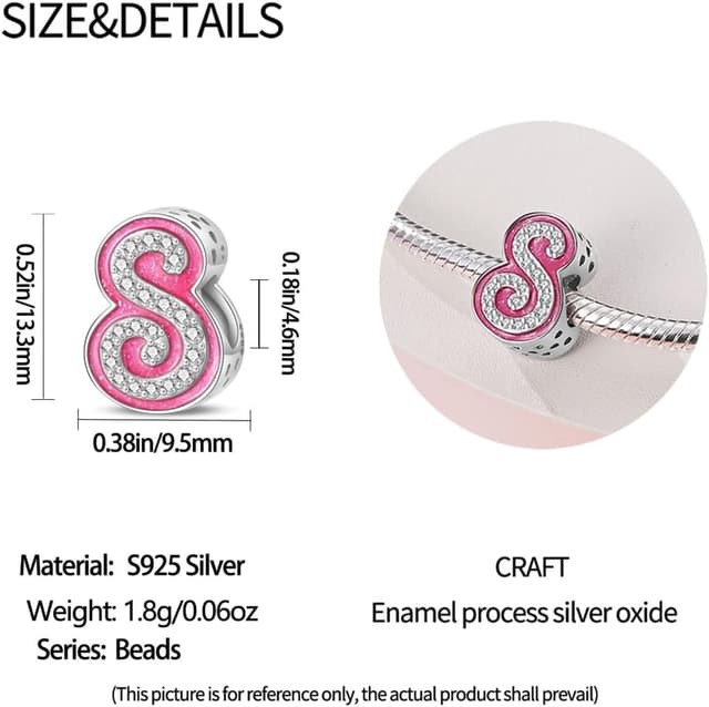 Detalle 2 de LNQOBU A-Z Rosa Buchstabe Charm aus 925er Sterlingsilber für Armband & Kette