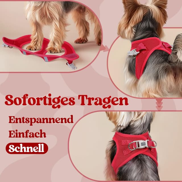 Detalle de rabbitgoo Hundegeschirr Step-in für kleine Hunde (Größe M) – weiches Air-/Mesh, reflektierend, rot