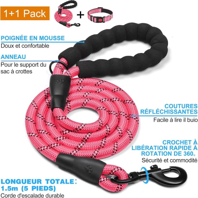 Detalle 2 de Collier pour chien réfléchissant haapaw en néoprène rembourré réglable (rose)