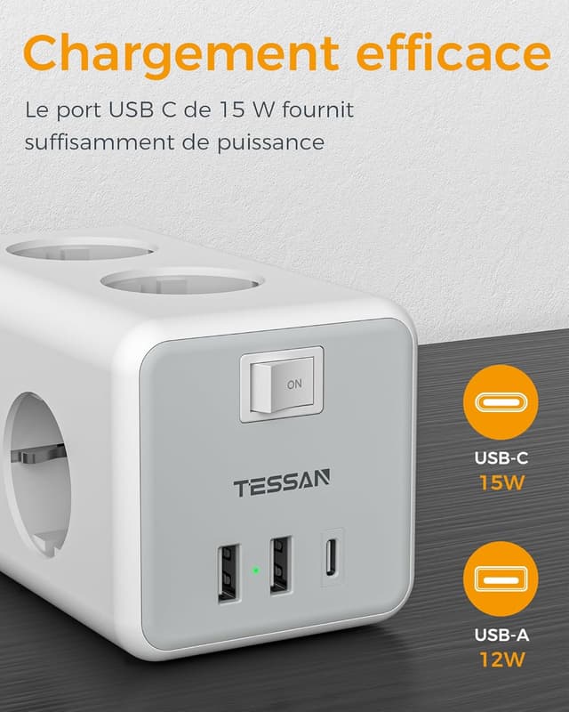 Detalle de TESSAN 9 en 1 multiprise USB C : 6 sorties secteur, interrupteur et rallonge 2 m (gris)