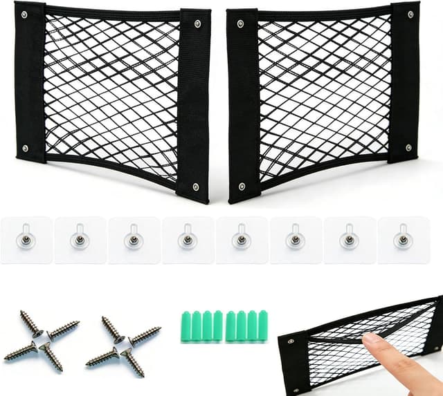 Detalle de Kofferraum Taschen Auto Klett – Gepäcknetz & Organizer (2er Set) mit 3 Montagearten und verstärkten Metallösen