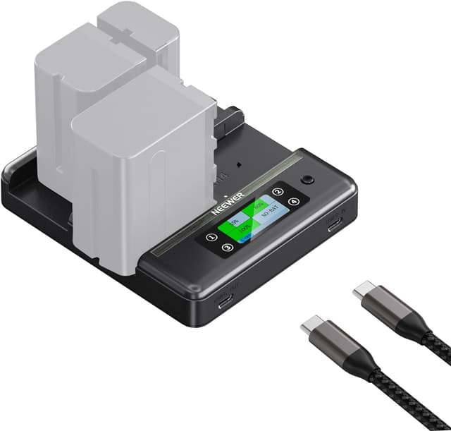 Detalle de NEEWER NP-F970 Chargeur 4 canaux avec consolidation d’alimentation intelligente et écran OLED