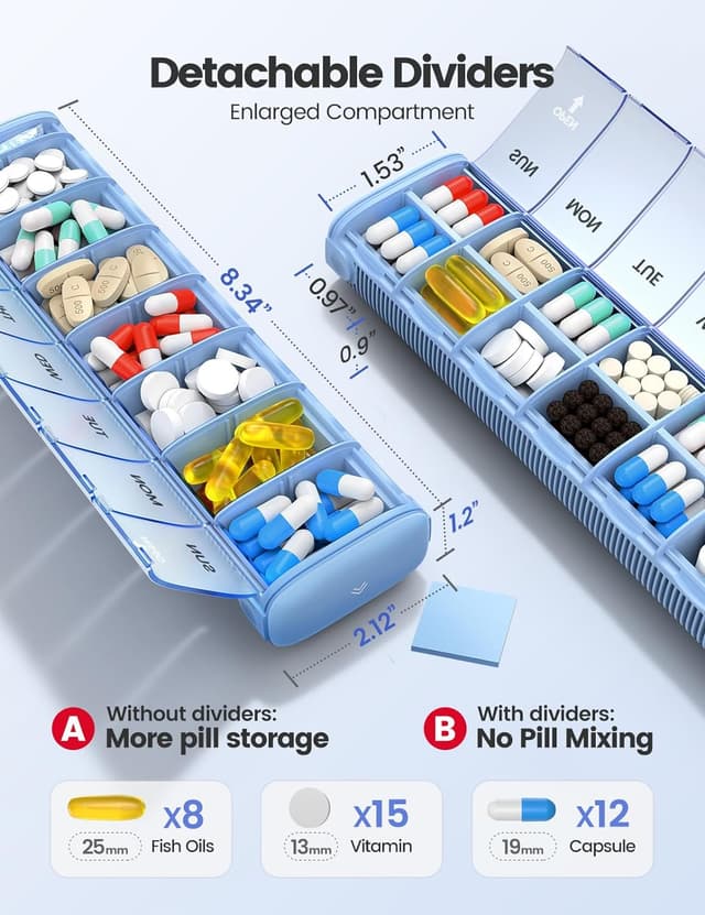Detalle de Vaydeer Pilulier hebdomadaire 7 jours en métal, prise 2 fois par jour