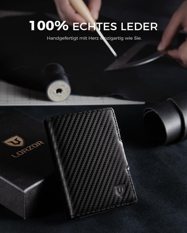 Detalle de LORZOR Slim Wallet mit Münzfach (Carbon schwarz) – Herren-Portemonnaie aus echtem Leder mit RFID-Schutz