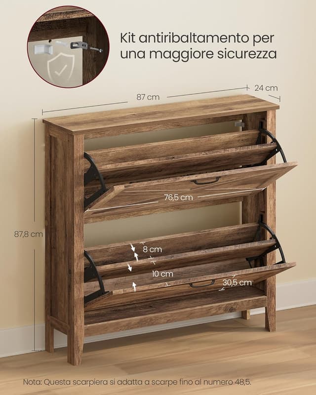 Detalle de VASAGLE LIRY HSC201K01 scarpiera slim a ribalta con 2 scomparti, stile farmhouse in marrone miele