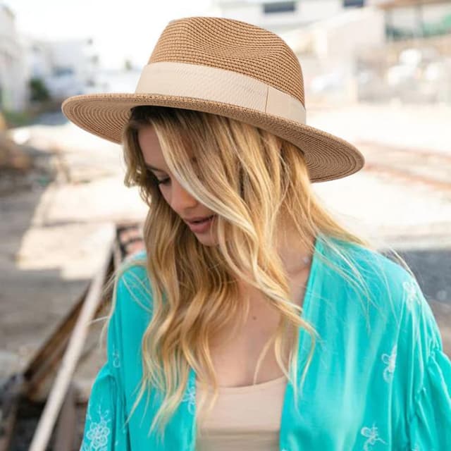 Detalle de DRESHOW Damen Panama Hut mit breiter Krempe aus Stroh – rollbar & UV-Protection UPF 50+