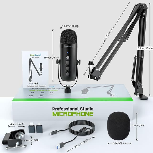 Detalle de zealsound USB Podcast Mikrofon für PC & Handy mit Rauschunterdrückung, Mute, Echo – inkl. 2 Adaptern und Boom-Arm