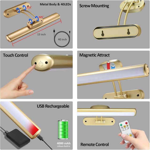 Detalle de MIOBLUE Bild Licht mit Fernbedienung, batteriebetrieben – dimmbar und mit Timer für Wandbilder