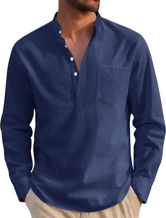 Detalle de J.VER Linen Shirts for Men Long Sleeve Regular Fit Casual Henley Shirt with Pocket