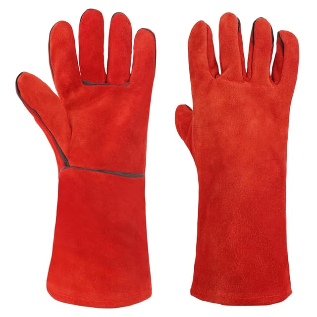 Detalle de AUAUY Heat-Resistant Long Leather Gauntlets – protective fire gloves for welding, BBQ, oven & fireplace use (red)