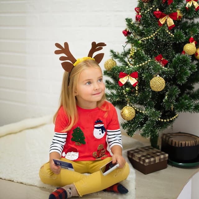 Detalle de Kinder Langarmshirts für Weihnachten: Rentier-Design aus Baumwolle (1–7 Jahre)