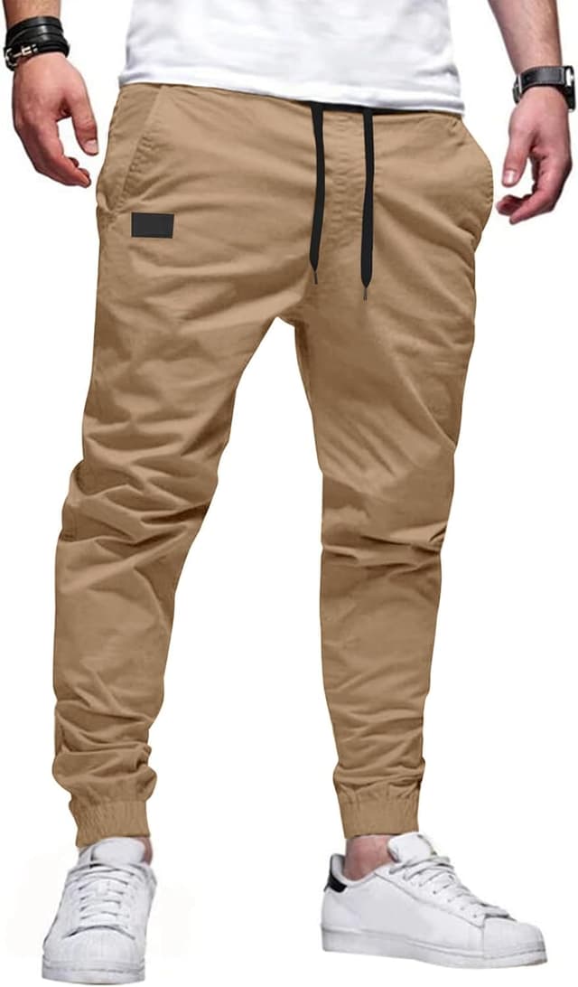 Detalle de PLEPAN Men’s Casual Cargo Joggers — Cotton Drawstring Chino Pants with Twill Stretch