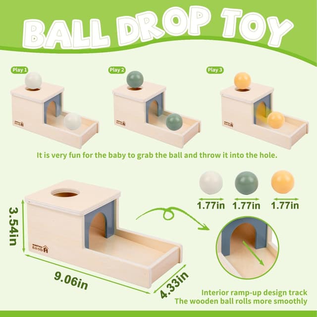Detalle de Adena Montessori Wooden Object Permanence Box for 6–12 Month Baby (3 Balls, Tray) — Morandi Color Learning Toy