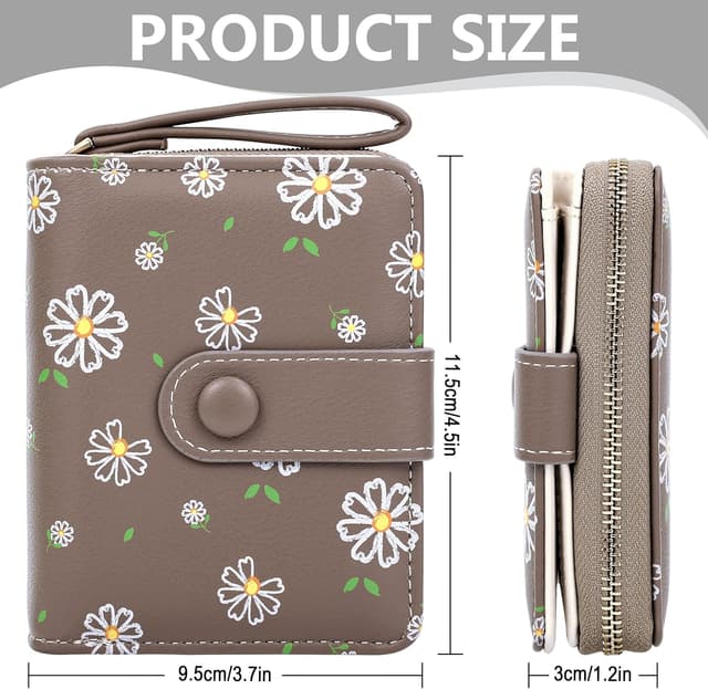 Detalle de Farcauo portefeuille en cuir imprimé Daisy marron – mini format avec porte-monnaie et porte-cartes