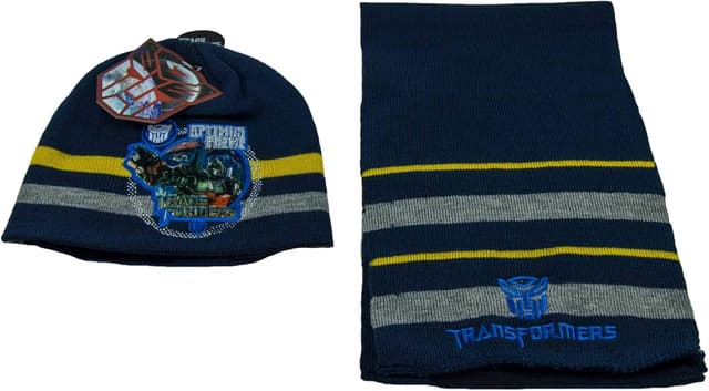 Detalle de Lot de 2 bonnets d’hiver et écharpes Transformers Autobot Optimus Prime (taille 52/54) bleu ou noir pour garçon