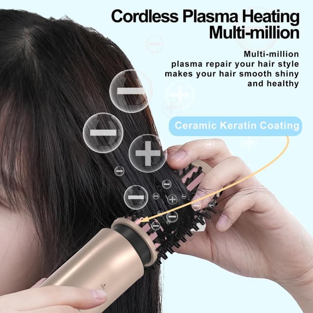 Detalle de NeuWee Cordless Hair Curling Brush – Mini 3 in 1 hot hair brush with 4 temperatures, USB rechargeable (Gold)