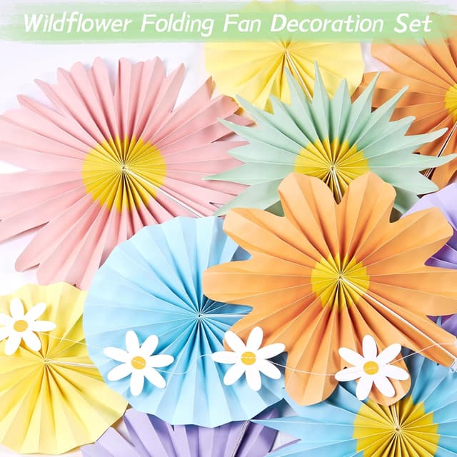 Detalle 2 de SUNBEAUTY 14 Papier-Fächer Deko-Set mit Blumen-Girlande in zarten Pastelltönen