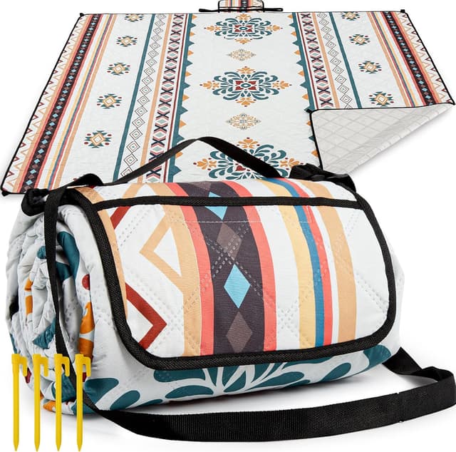 Detalle de Aptliton Waterproof Picnic Blanket 200 x 300 cm with 4 Stakes (Bohemian) – foldable outdoor picnic mat