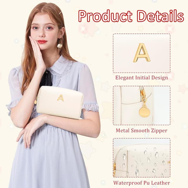 Detalle de CLOUDWINGS Personalized Initial Makeup Bag (Beige) – PU Leather Waterproof Travel Toiletry Bag for Bridesmaids