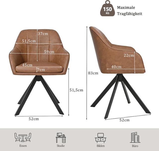 Detalle de Lot de 4 chaises pivotantes 360° Goeurvant en simili cuir marron clair avec accoudoirs