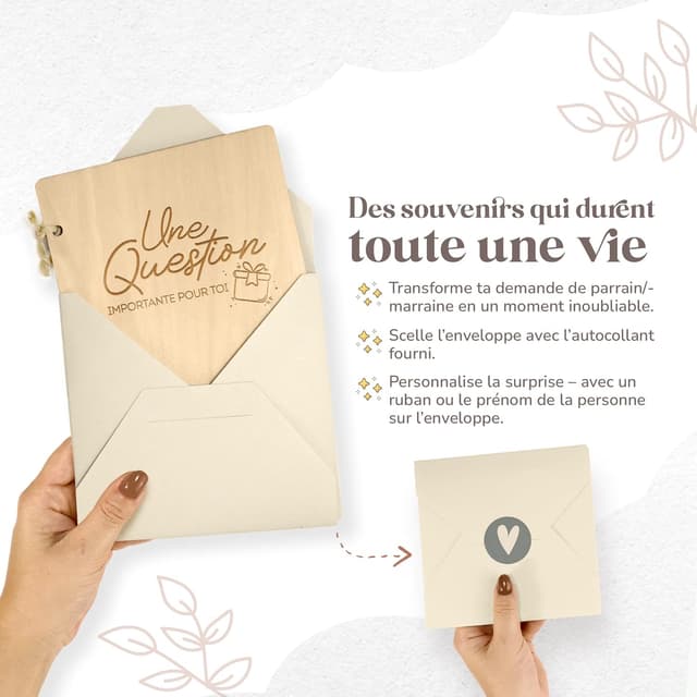 Detalle de Demande marraine & demande parrain en bois avec enveloppe et photo bébé
