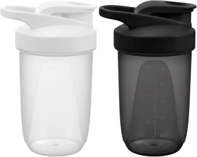 Detalle de Protein Shaker (2er-Set, 400 ml) mit Mixball und Messskala – BPA-frei, auslaufsicher, schwarz+weiß