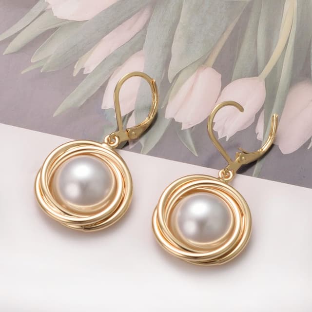 Detalle de Vissen Perlen-Anhänger-Ohrringe für Damen mit Leverback, vergoldet und hypoallergen