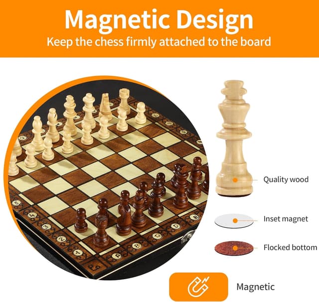 Detalle de Jeu d’échecs 3 en 1 magnétique en bois pliable (29 x 29 cm) pour enfants, adultes et voyages