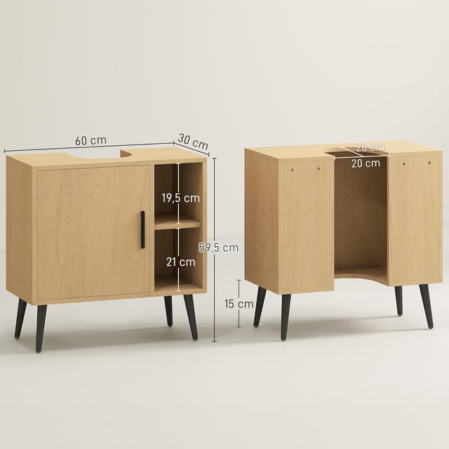 Thumbnail 6 de HOMCOM Meuble sous lavabo salle de bain industriel en chêne (60 x 30 x 59,5 cm) avec porte à fermeture progressive